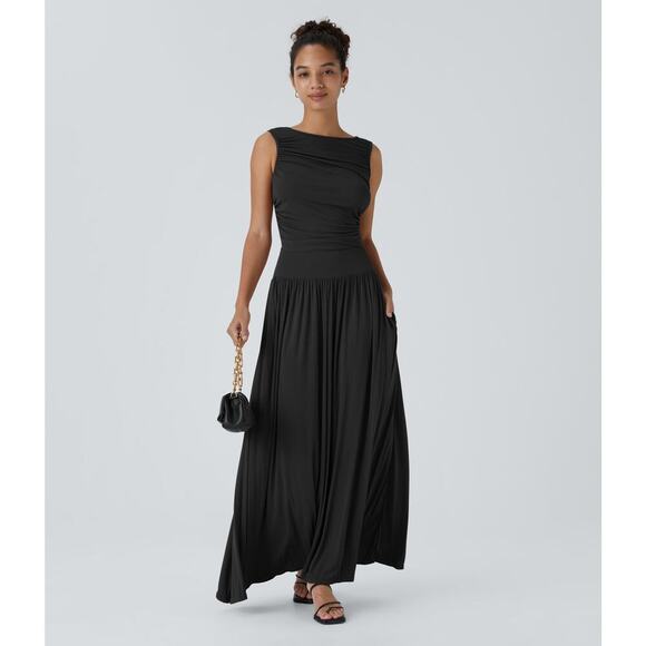 Halara Ribbed Boat Neck Asymmetric Strap Maxi Dress Black Sz Medium NEW - Picture 4 of 10